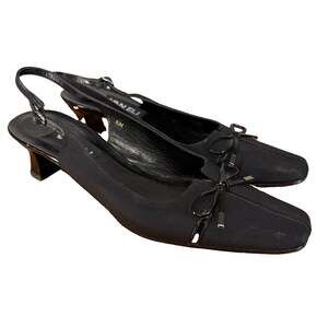Vaneli Heels Womens 8N Black Leather Vintage Kitten Heel Bow Slingback Narrow